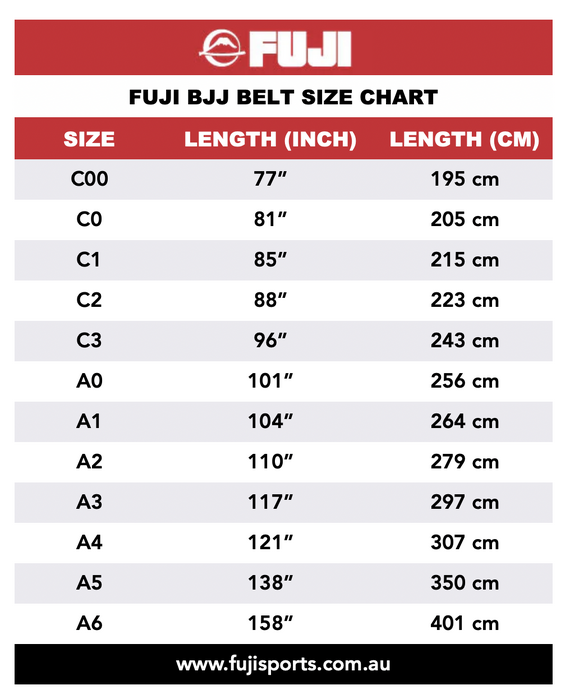 Fuji Jiu-Jitsu Instructor Black Belt size chart